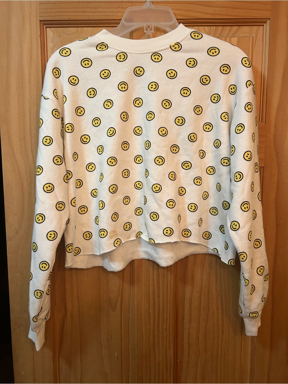 White Smiley Face Cropped Long-Sleeve Top - Women's see pics